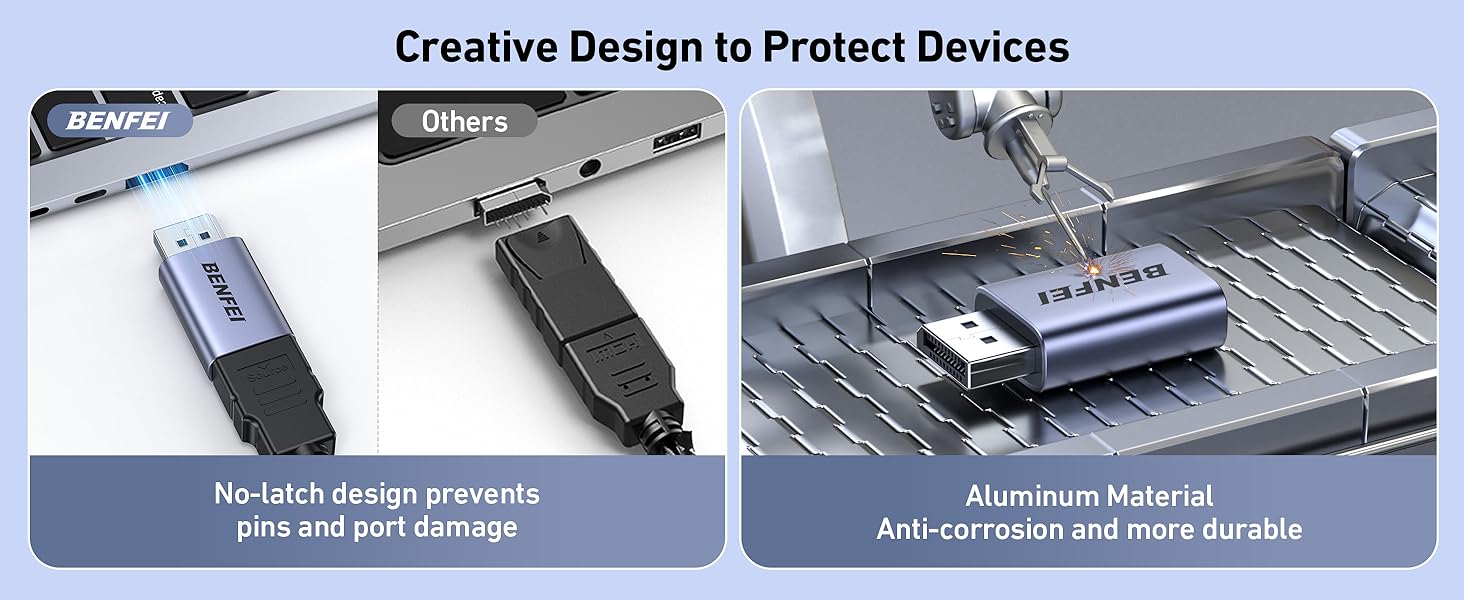 Text reads 'Creative Design to Protect Devices', 'No dust design prevents plug port corrosion', 'Aluminum Material', 'Anti-corrosion to protect durable'. Product shows USB port protection devices in silver and black.