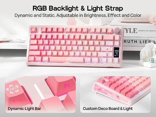 Text reads 'RGB Backlight &amp; Light Strap, Dynamic and Static, Adjustable in Brightness, Effect and Color', 'Dynamic Light Bar', 'Custom Deco Board &amp; Light'. Pink-illuminated mechanical keyboard with additional product views showing lighting features.