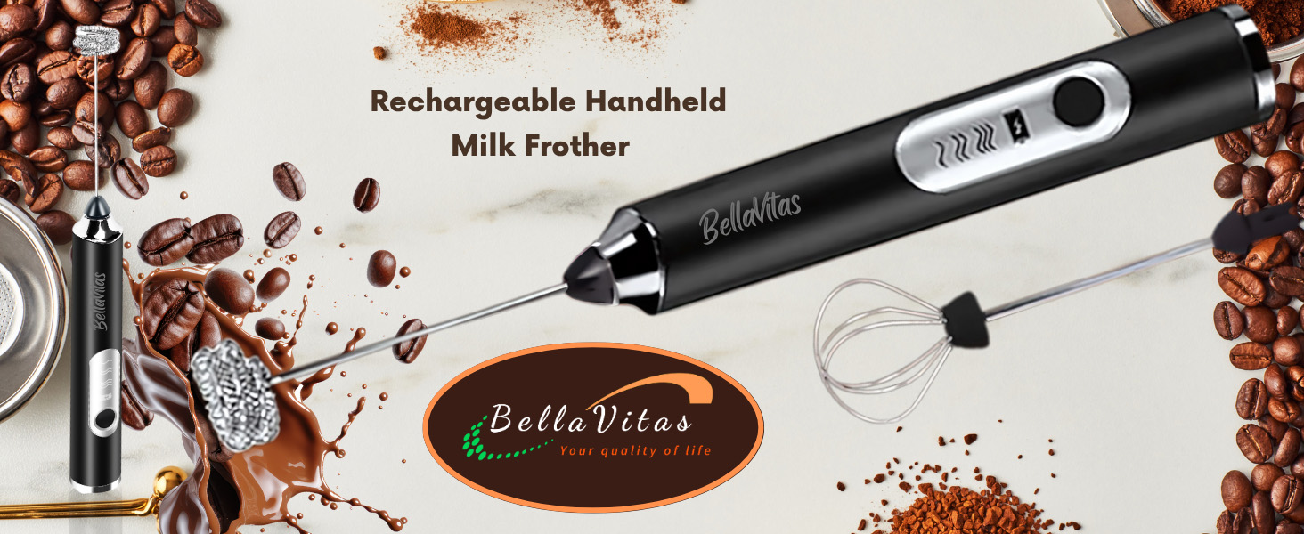 Black rechargeable milk frother with whisks, coffee beans, and BellaVitas logo