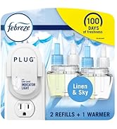 Febreze Plug In Air Fresheners, Linen &amp; Sky Scent, Odor Fighter for Strong Odors, 1 Warmer + 2 Oi...