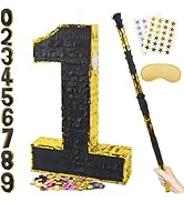 PCFING 20 Inch Number 1 Piñata Gold Black with 30 Inch Piñata Stick Blindfold Confetti for Man Wo...