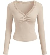 MEROKEETY Women's 2026 Fall Long Sleeve Tops V Neck Lace Trim Ruched Ribbed Button Henley Shirts ...
