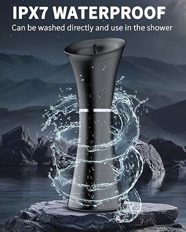 Black cylindrical device with IPX7 waterproof rating, shown with water splashing around it against a dark, rocky background.