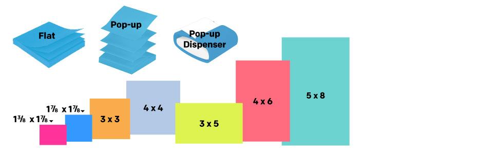 Sizes: 1.375 x 1.875, 1.875 x 1.875, 3x3, 4x4, 3x5, 4x6, 5x8, Flat, Pop-up and Pop-up Dispenser