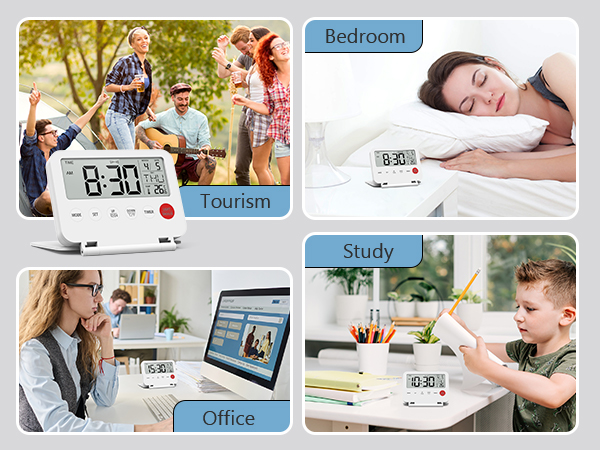 Digital Travel Alarm Clock, Large LCD Display Small Alarm Clock with Temperature, 12/24H, Desk Clock