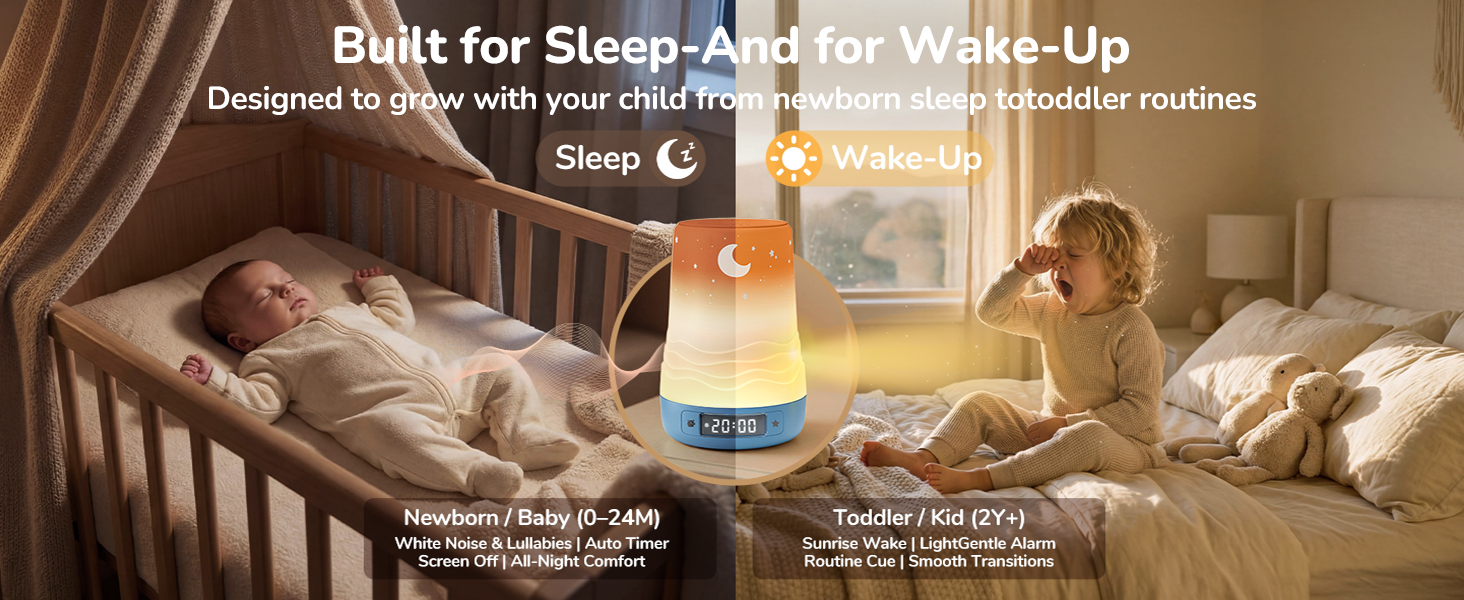 Designed to support both falling asleep and gentle wake-ups, with lighting and sound feel natural