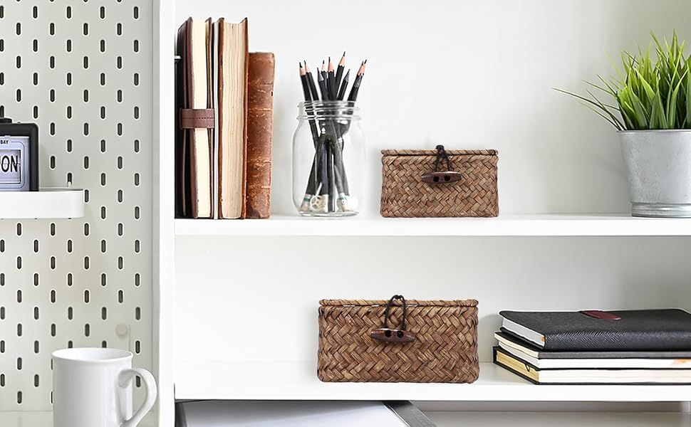 Wicker Baskets Bins with Lid Seagrass Baskets Storage Bins Handwoven storage Basket Organizer