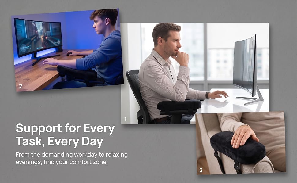 Man gaming and working with black chair armrest pads providing ergonomic elbow support.