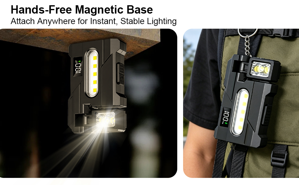 Text reads 'Hands-Free Magnetic Base' and 'Attach Anywhere for Instant, Stable Lighting'. Portable work light with magnetic base shown mounted on various surfaces and worn on utility vest.