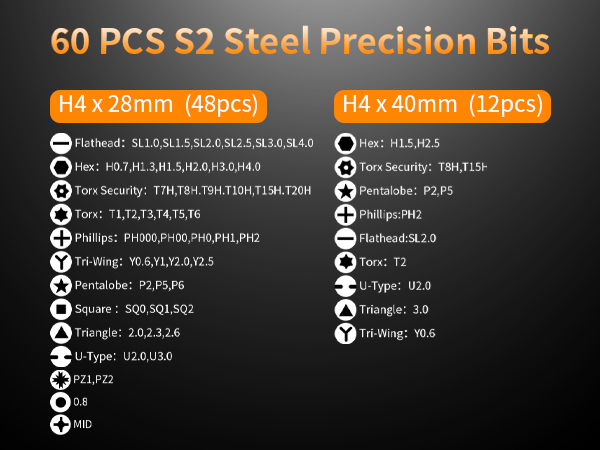 60 PCS S2 Steel Precision Bits