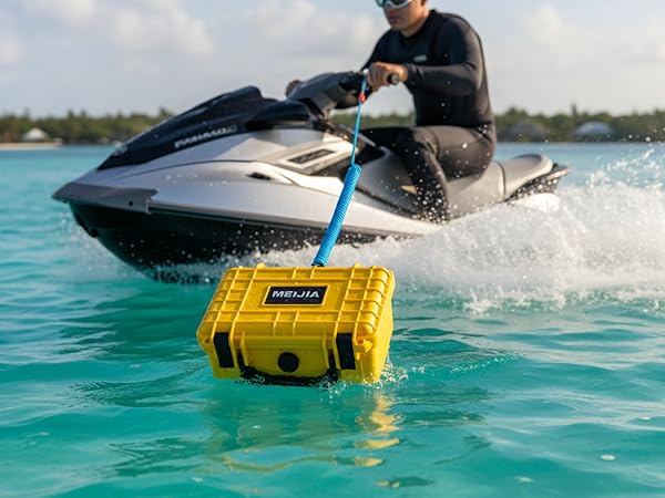 Sequence of action shots showing a yellow SEABOB water vehicle in use, creating splashes as it moves through turquoise ocean water. Device allows user to glide through water at speed.