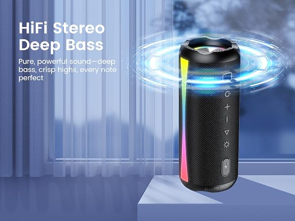 Text reads: 'HiFi Stereo', 'Deep Bass'. Black cylindrical portable speaker with blue lighting effects and graphical sound wave visualization.