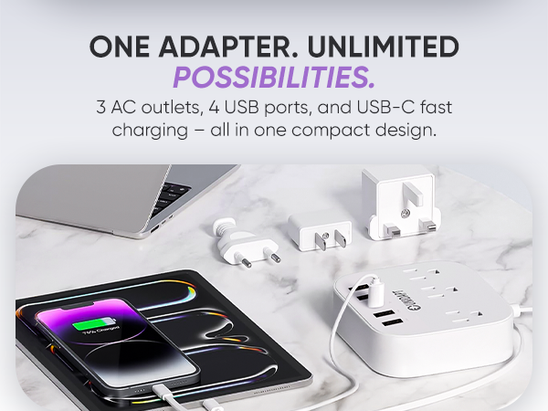 3 ac autlets, 4 usb ports and USb-c fast charging - all in one