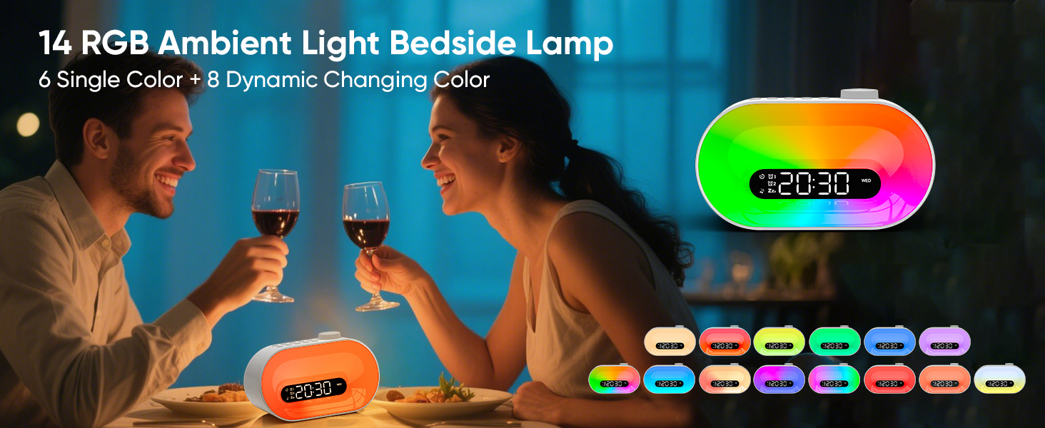 night light alarm clock features 14 rgb color light to add some vibe to your bedroom