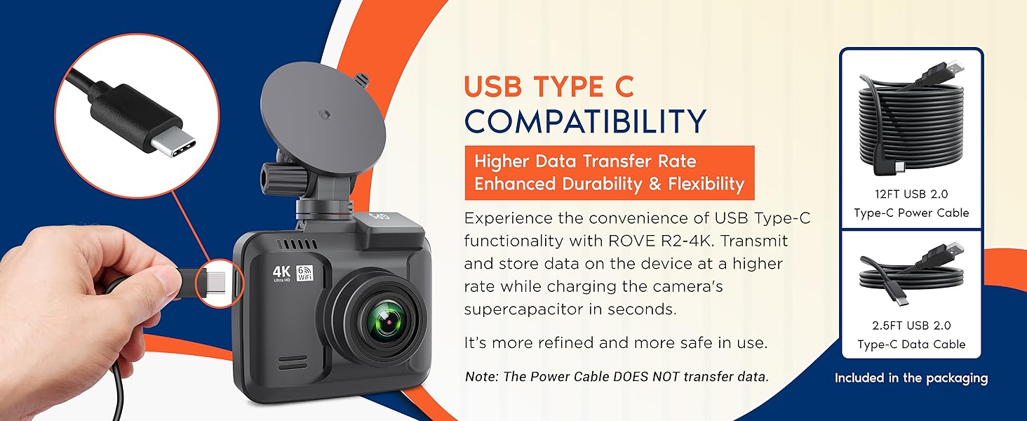 rove dash cam with usb c cables, type-c input output dashboard camera recorder