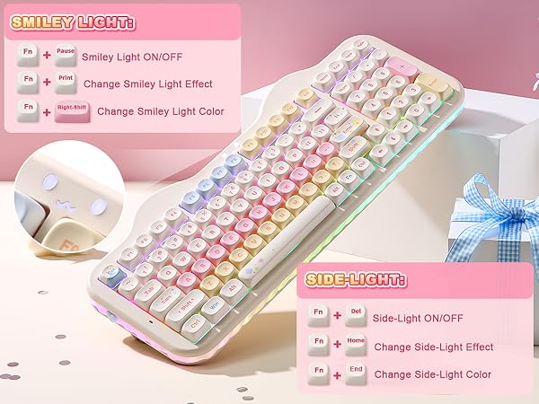Pink-themed gaming keyboard with RGB lighting effects. Interface shows customizable light settings and controls for different lighting patterns.