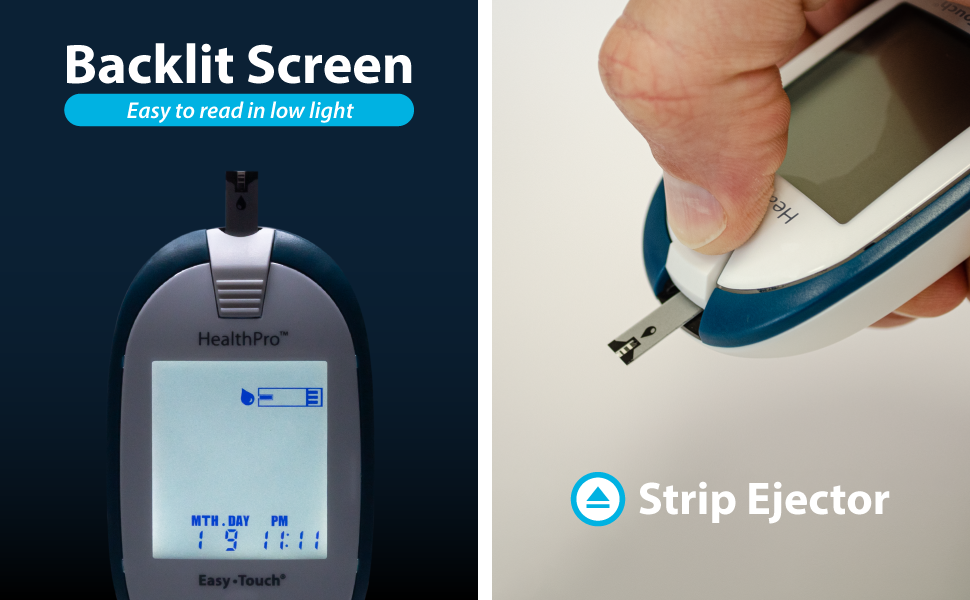 Backlit screen. Test strip ejector