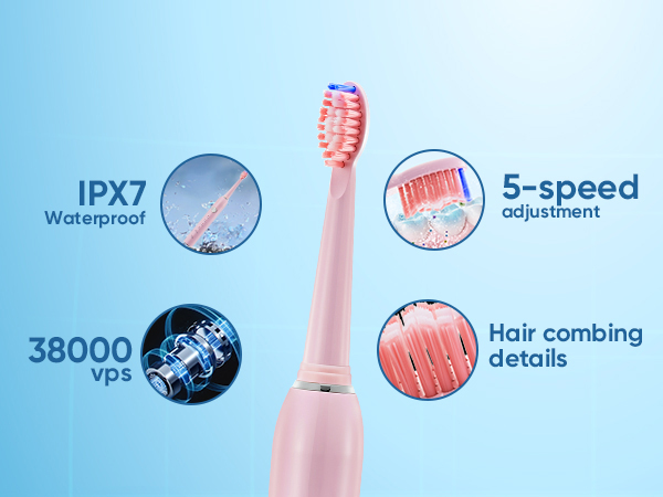 Text reads 'IPX7', '5-speed adjustment', 'Hair combing details'. Product feature icons for electronic device shown on light blue background.