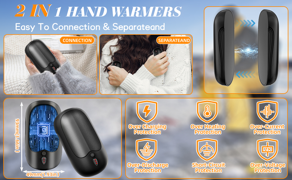 2 IN 1 HAND WARMERS, NEWEST AI SMART CHIP CONTRO, EASY TO CONNECTION AND SEPARATE.
