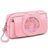 Fiaoudm Cute Kawaii Pink Cat Pencil Case for Girls – Large Capacity Double Layer PU Leather Penci...