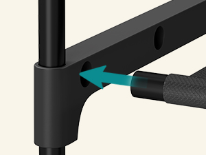 Close-up of black adjustable mechanism with turquoise accent showing mechanical joint or connection point.