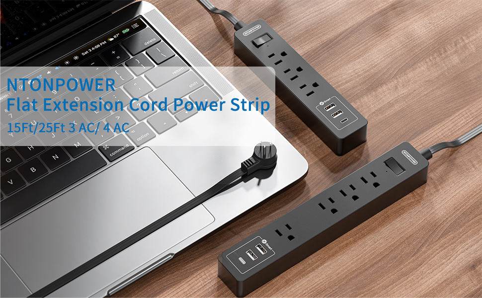 Flat Extension Cord 10 Ft Thin Flat Extension Cord Under Carpet Power Strip with USB Ports