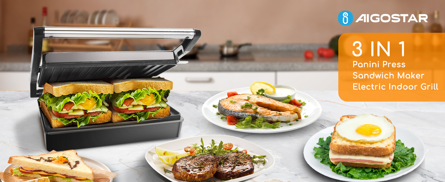 Panini Press, Aigostar 1000W Sandwich Maker, Panini Maker Electric Indoor Grill,sandwich press
