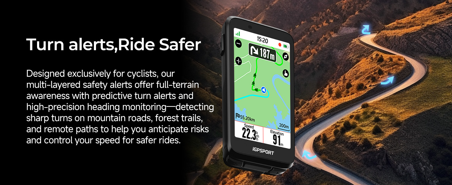 Cycling navigation device interface showing map view and safety alerts, photographed against scenic mountain road background.
