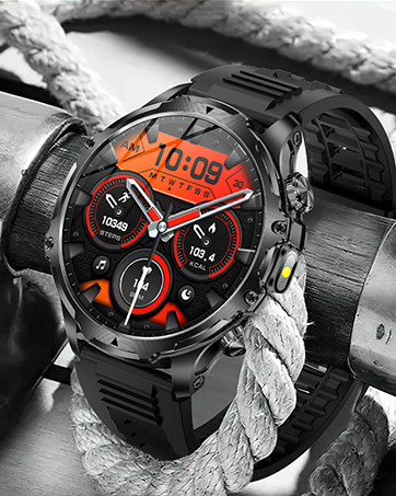 Rugged smartwatch with black metal case and strap. Digital display shows time, date, and fitness metrics. Orange and red accents on black watch face. Buttons visible on side.