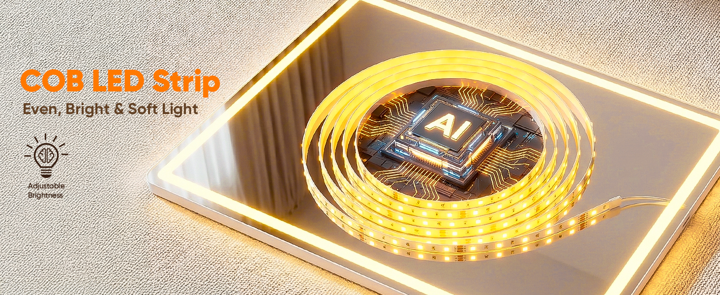 Text reads 'COB LED Strip'. Close-up shots of bright LED strip lighting showing warm yellow illumination and installation details.