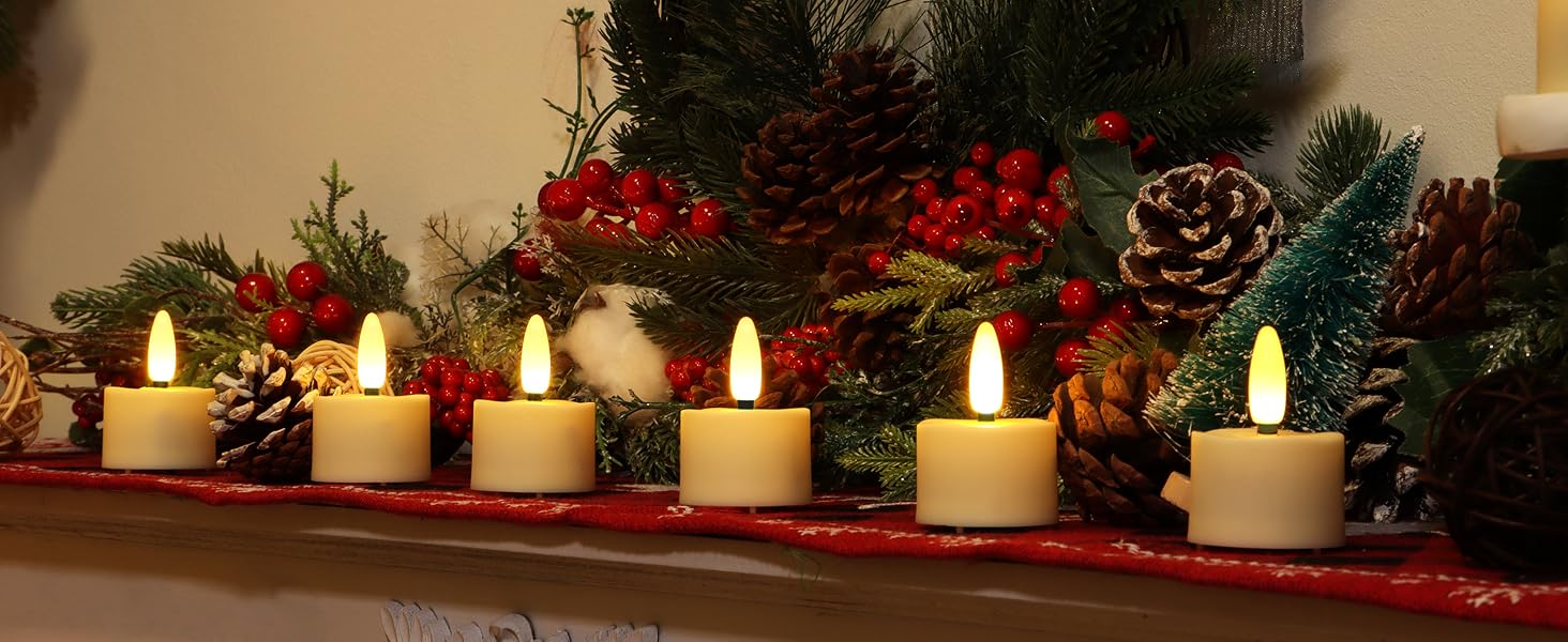 6 pcs led tea lights on a mantel / fireplace for Christmas decor