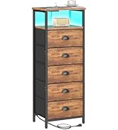sthmec Nightstand with Charging Station,LED Night Stand with 5 Fabric Drawers, Bedside End Tables...