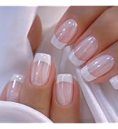 Short Square French Tip Press On Nails - Nude Pink White French Fake Nails Glossy Natural Full Co...