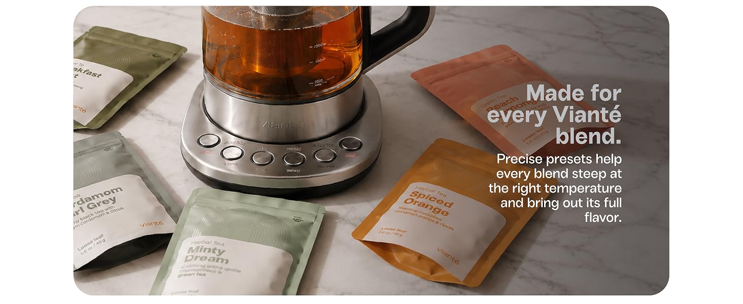 Electric tea maker with tea presets for black, green, white and herbal tea