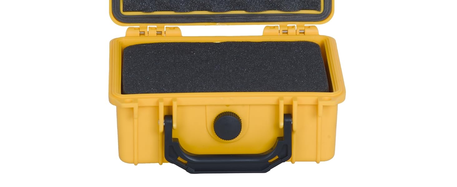 Open yellow protective case with black foam interior. Hard-shell design with latches and handle for secure equipment transport and storage.