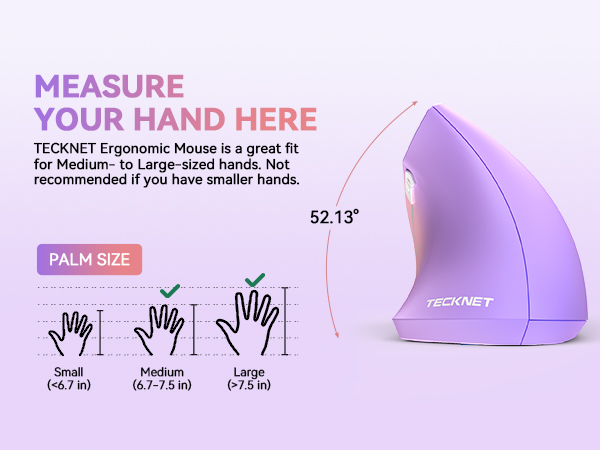 Text reads 'MEASURE YOUR HAND HERE' with palm size measurement guide showing different hand sizes. Purple background with illustrated hand measurement instructions.