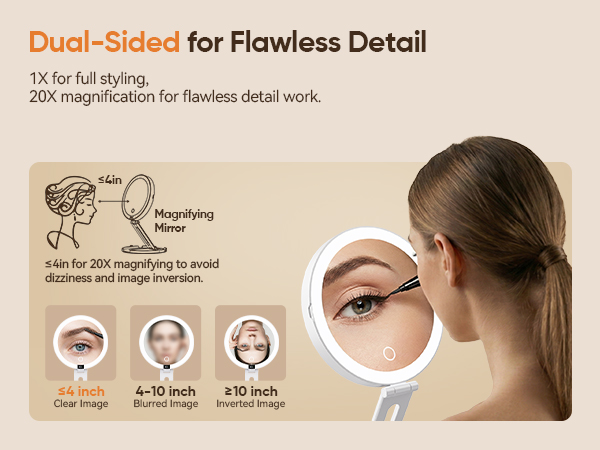 Dual sided mirror with 1X view and 20X magnification for precise eye makeup detail