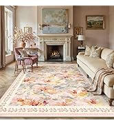 WondRg 8x10 Washable Area Rug Beige Pink Living Room Bedroom Floral Throw Rug Abstract Modern Non...