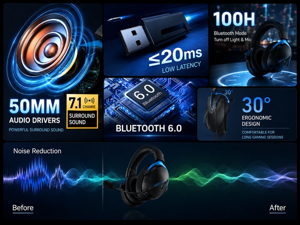 Text reads "100H", "~20ms", "50MM", "AUDIO DRIVERS", "BLUETOOTH 6.0", "30°", "ERGONOMIC DESIGN", "Noise Reduction", "Before", "After". Black wireless headphones with technical specifications showing 50mm audio drivers, Bluetooth 6.0 connectivity, 100-hour battery life, and noise reduction visualization.