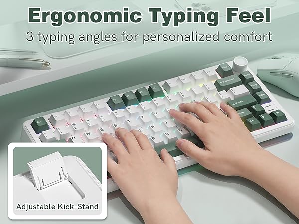 Keyporia L75 mechanical keyboard with adjustable kickstand for 3 ergonomic typing angles.