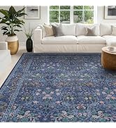 Hazo Haus Dark Blue Living Room Rug 8x10, Vintage Floral Washable Area Rugs for Bedroom, Dining R...