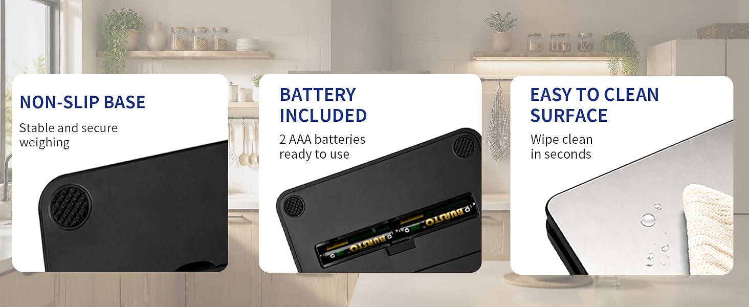 Compact and easy-to-clean design ideal for baking, cooking, 2 AAA batteries