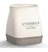 Farmhouse Ceramic Utensil Holder - Beige Kitchen Tool Crock for Countertop, Large Organizer for C...