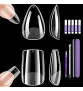 Short Square Nail Tips &amp; Almond Nail Tips, 480 Pcs Clear Fake Nails with Glue, Full Cover Acrylic...