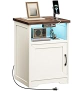AODK Farmhouse Nightstand, Bedside Table with Charging Station &amp; LED Lights, End Tables with Stor...