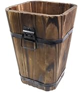 MY MIRONEY Plant Pots, Vintage Wooden Barrel Planter - Solid Rustic Garden Flower Pot with Metal ...