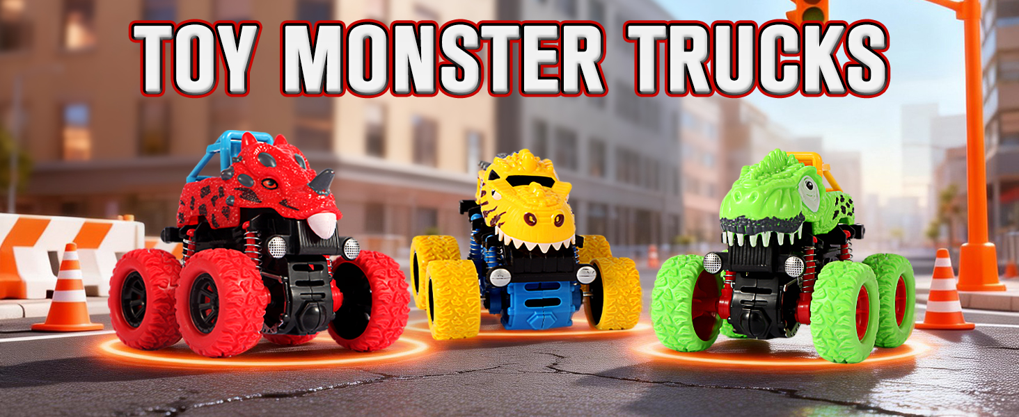 Text reads "TOY MONSTER TRUCKS". Four colorful toy monster trucks with oversized wheels displayed in a row: red, yellow, green, and lime green variants on urban background.