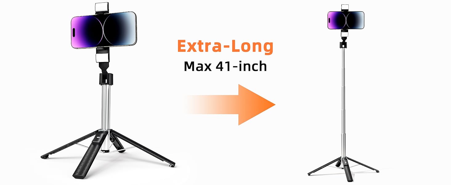 Text reads 'Max 41-inch'. Instructional diagram showing tripod setup with arrows indicating adjustable height capabilities and positioning.