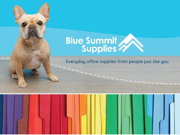 Descriptive text about Blue Summit Supplies with photo of french bulldog