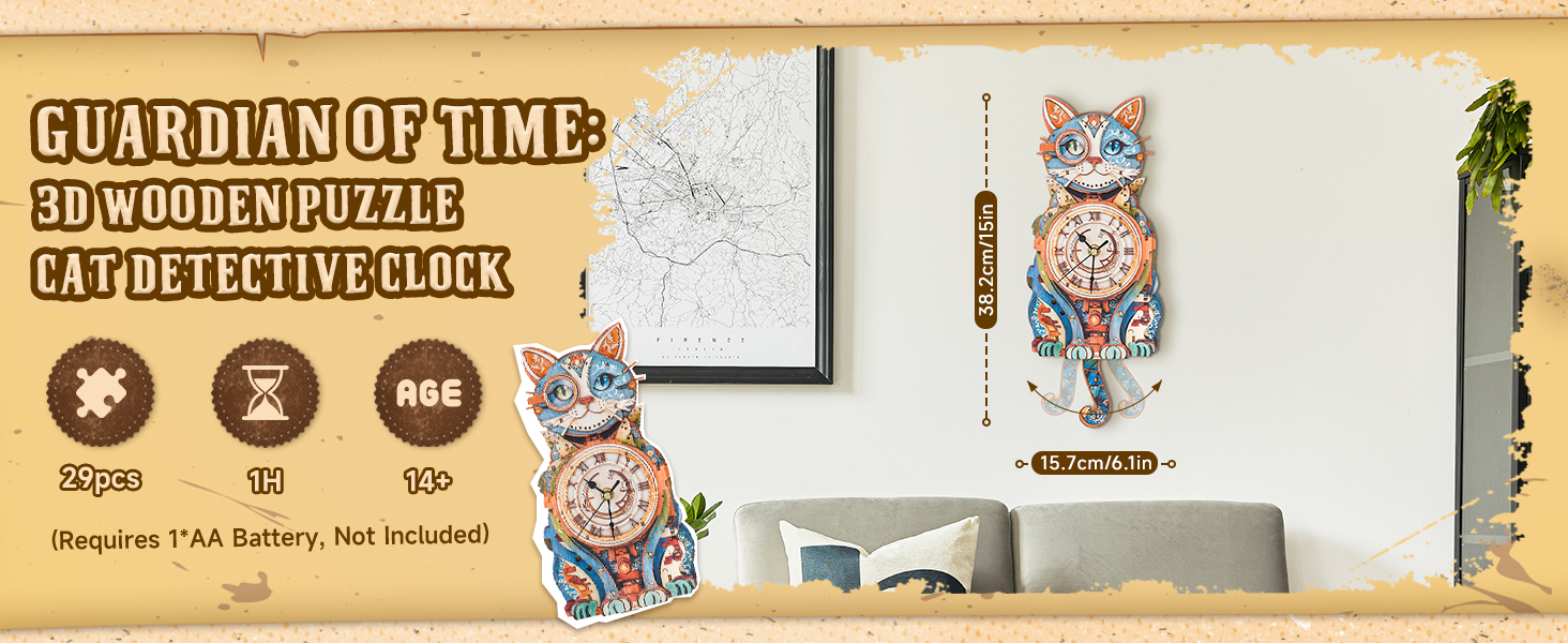 wooden puzzle 3d cat clock